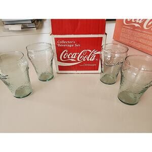 Set Of 4 VintageGeorgia Green Glass Coca Cola Coke Glasses With Box 4in Tall